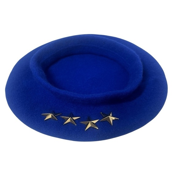 VTG Wool Blend Beret Hat Royal Blue Gold Stars Women's Hat Size Small - Picture 9 of 16
